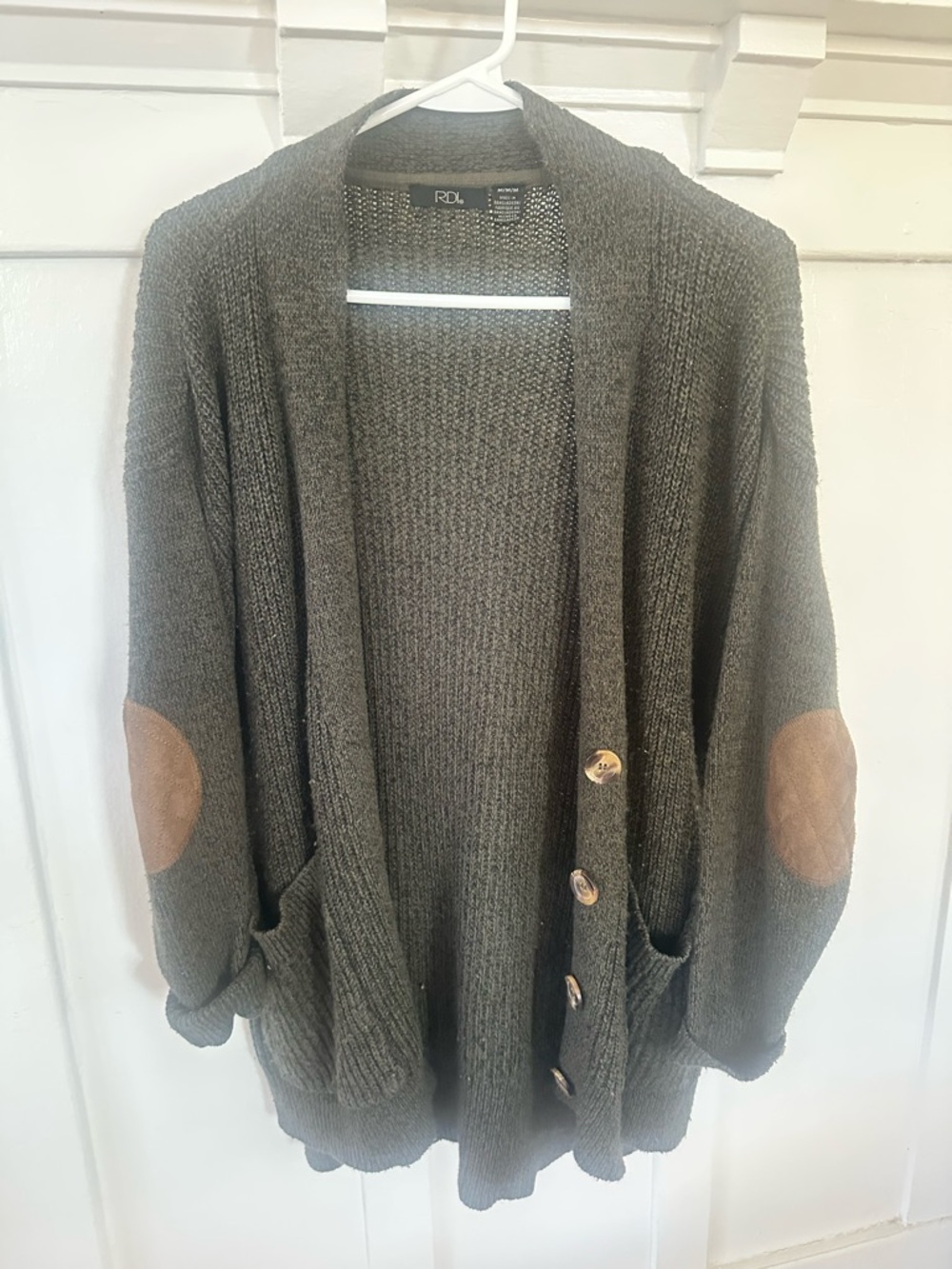 RDI Olive Knit Button-Front Cardigan with Brown Elbow Patches